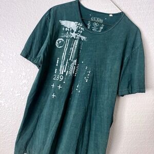 Guess XL Distressed Eagle Graphic Short Sleeve T-Shirt Green Logo MMVII 2007 Y2K
